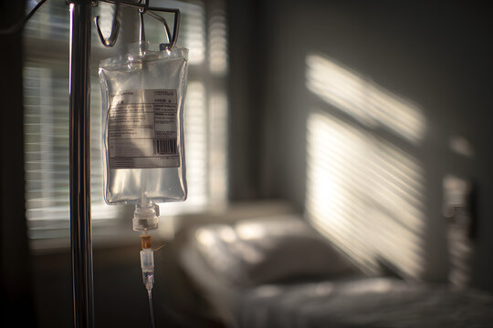 Clear plastic IV bag filled with saline solution hanging in a hospital room with shadows and soft light