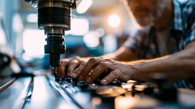 A close up of European hands works softly at a bright CNC milling machine for plastic parts in a calm machining center in soft daylight plastic milling faceless detail softly