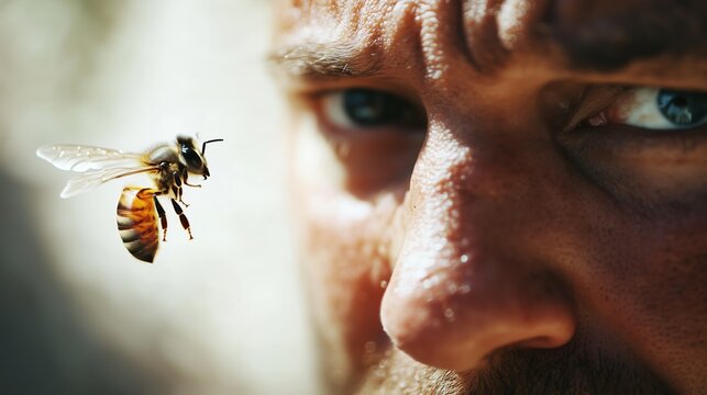 A bee in flight next to the man's face. Sharp insect details, background blur, daylight. A white adult male.