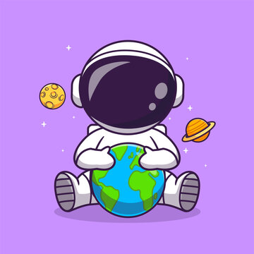 Cute Astronaut With Globe World, Moon And Planet Cartoon 