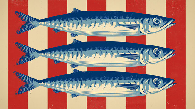 Vintage style sardine fish illustration on striped retro background inspired by classic seafood packaging and nostalgic market poster designs
