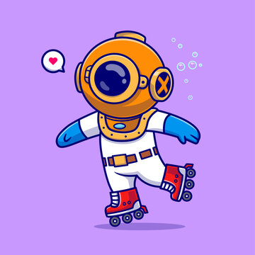 Cute Diver Playing Roller Skate Cartoon 