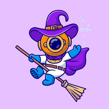 Cute Diver Witch Flying With Magic Broom Cartoon