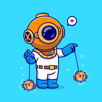 Cute Diver Playing Puffer Fish Yoyo Cartoon 