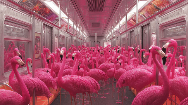 Surreal subway carriage completely filled with pink flamingos creating absurd humorous atmosphere perfect for modern conceptual and viral visuals