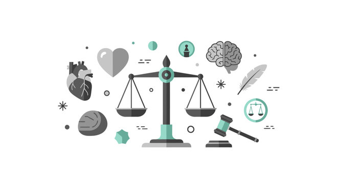 Legal and Ethical Balance Concept with Scales of Justice, Heart, Brain, and Gavel