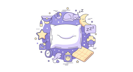 Naklejka premium Healthy Sleep Routine and Bedtime Wellness Illustration Featuring Pillow, Sleeping Cat, Moon, and Relaxation Icons