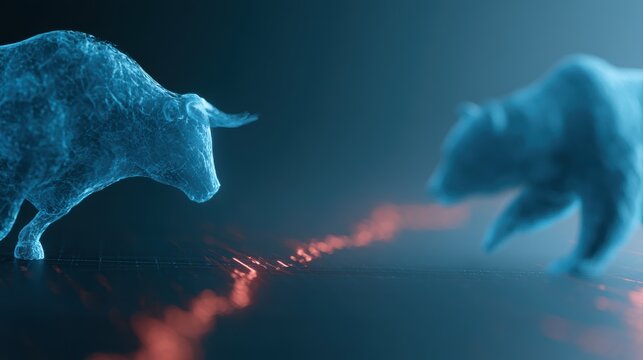 stock market battlefield concept, glowing bulls and bears fighting through digital candlestick charts