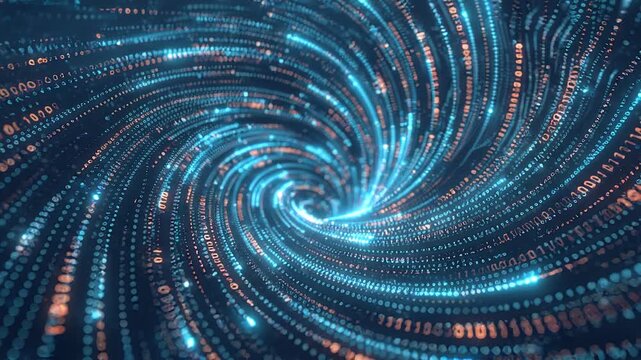 Swirling binary code tunnel representing high-speed data transfer and digital processing. Moving camera through abstract cyber space.