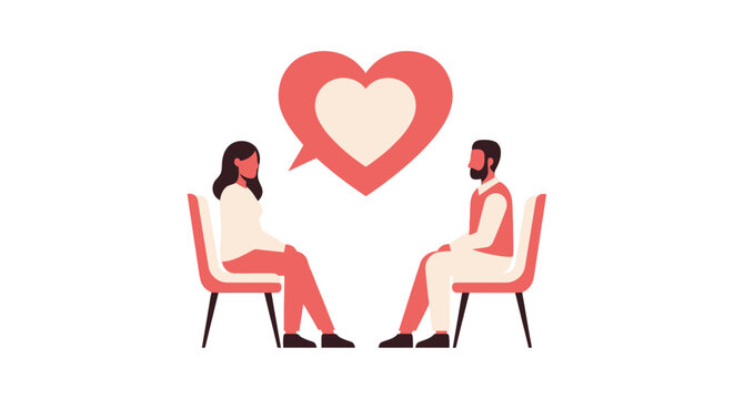 Couple Counseling and Romantic Communication Concept Illustration with Man and Woman Sitting and Heart Speech Bubble