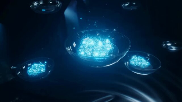 Bowl of Blue Glowing Particles Floating in Dark Sci-Fi Scene, Hyperreal Liquid Light Effects on Reflective Surface