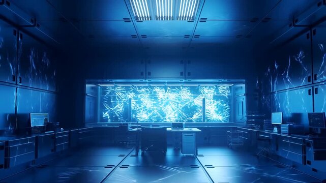 Lab Corridor with Glowing Blue Holographic Genetic Patterns and Futuristic Data Streams in High-Tech Research Facility