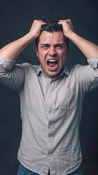 Frustrated man screaming and pulling hair in studio setting. Medium shot with tilting camera movement.