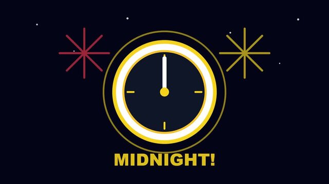 A clock strikes Midnight with fireworks on a dark night sky background