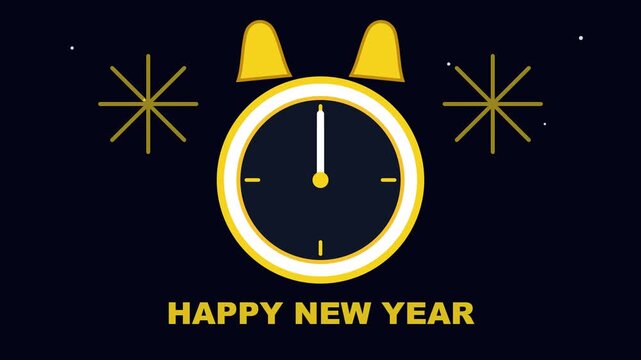 Happy New Year celebration with clock striking midnight surrounded by fireworks