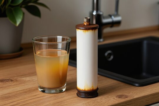 Used rusty water filter cartridge stands by glass with dirty cloudy liquid. Kitchen counter shows tap water impurity and need for purification system.