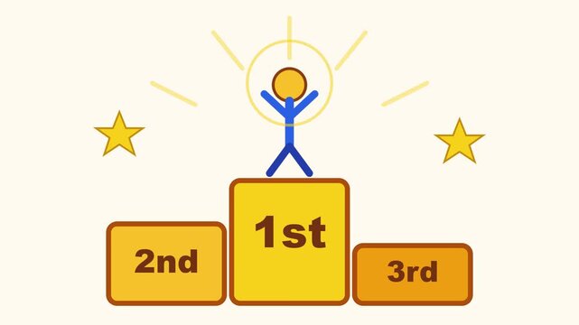 A person stands triumphantly on the first place podium with awards