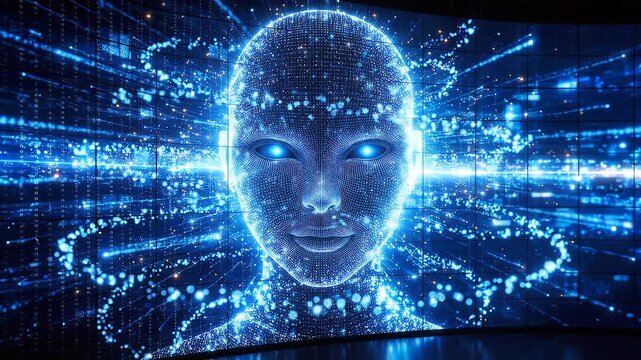 Humanoid artificial intelligence head formed by glowing blue particles. Digital neural network and data processing concept. Static medium shot.