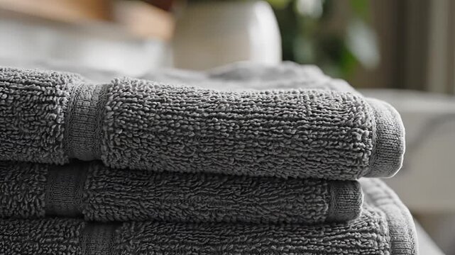 Close up of stacked grey bath towels in a bathroom setting.
