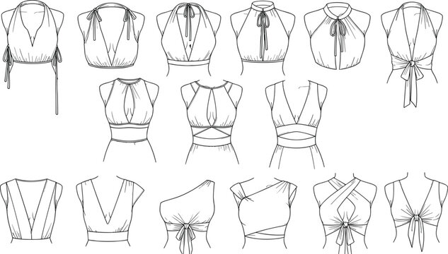 Technical flat sketch set of women halter neck crop tops and multiway wrap blouses apparel vector templates