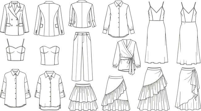 Women capsule wardrobe collection of technical flat sketches including blazer trousers wrap blouse ruffled skirts and slip dress templates