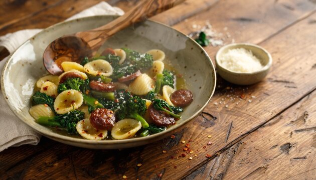 Orecchiette pasta with broccoli rabe and sliced sausage in olive oil broth served in rustic ceramic bowl on aged wood table