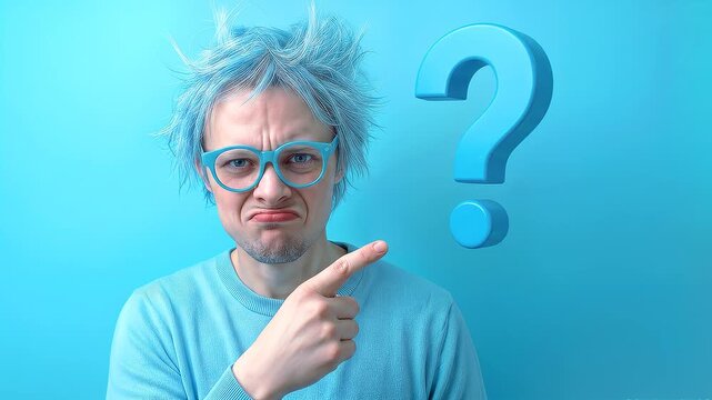 Confused man with messy blue hair pointing at floating question mark. Puzzled expression and doubt against bright background. Lockdown medium shot.