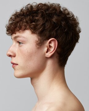 Studio portrait of shirtless non-binary person, minimal clean background, confident inclusive portrait photography
