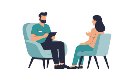 Fototapeta premium Psychologist Consultation Illustration: Male Therapist and Female Patient in Mental Health Counseling Session - Flat Vector Design on White Background