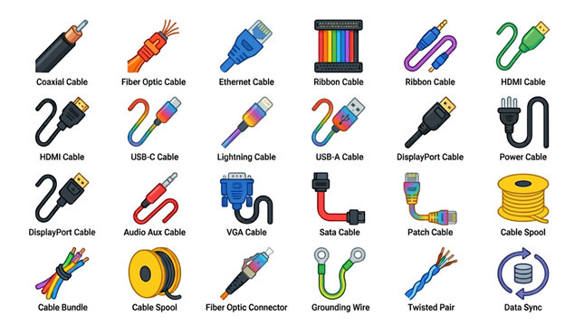Assorted computer cables and connectors illustrated on white background