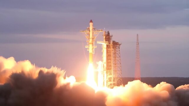 Rocket Launch Tower Shaking Violently with Bright Fire Plume at Dusk, Dramatic Industrial Spaceflight Engineering Scene