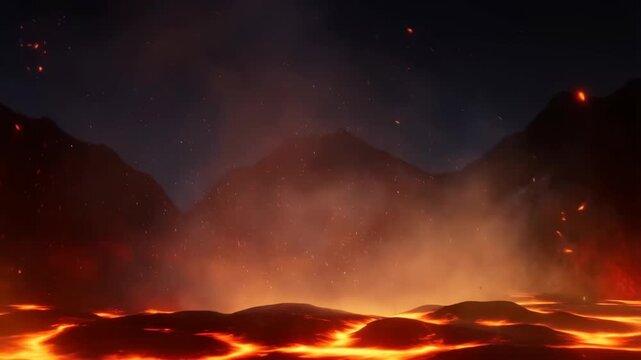 Volcano Lava Eruption Glowing Molten Rock with Fiery Sparks and Dark Smoke Plume, Hyperreal Cinematic Explosion on Night Landscape