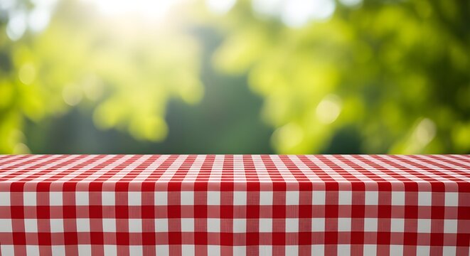 Outdoor dining setup with red gingham tablecloth and blurred green foliage background