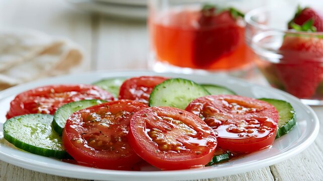 A plate holds a fresh summer salad with sliced tomatoes and cucumbers. A glass of strawberry lemonade sits nearby, offering a healthy, bright lunch.