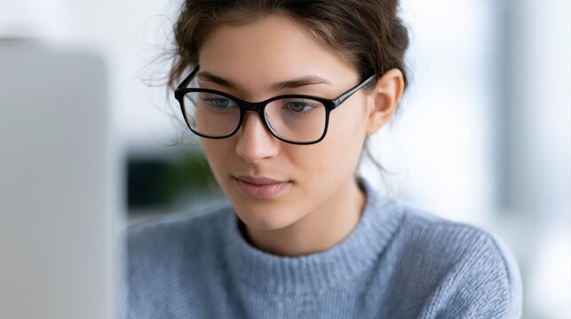 Teenage girl using desktop computer in modern office internship environment, young professional concept