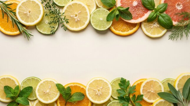 Fresh Citrus Fruit Slices and Herbs Frame with Copy Space