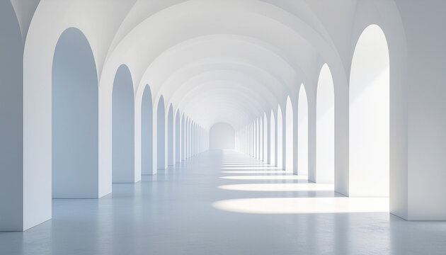 White Minimalist Arch Hallway Interior