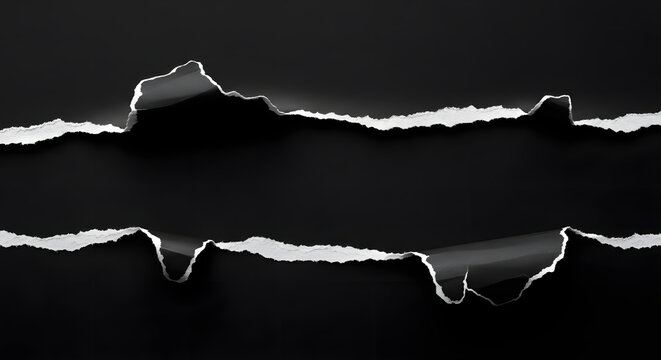 Torn paper rips in black background with jagged edges and white paper texture