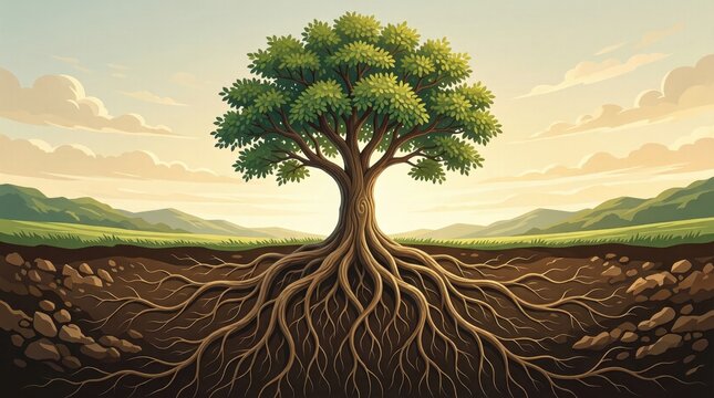 Tree with extensive root system shown in cross section landscape