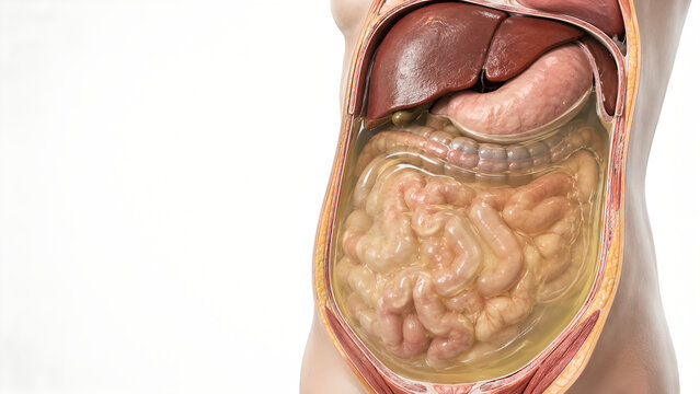 Ascites Abdominal Anatomy 3D Render Showing Peritoneal Fluid Around Liver and Bowel Loops for Patient Education