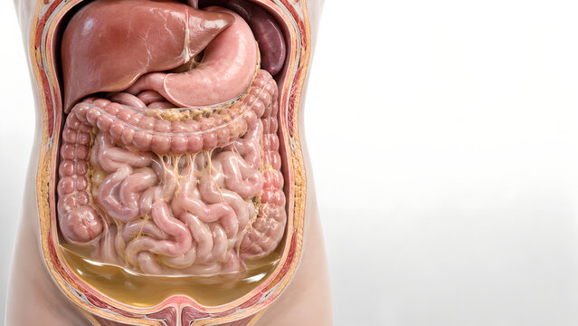 Ascites Abdominal Anatomy 3D Render Showing Peritoneal Fluid Around Liver and Bowel Loops for Patient Education