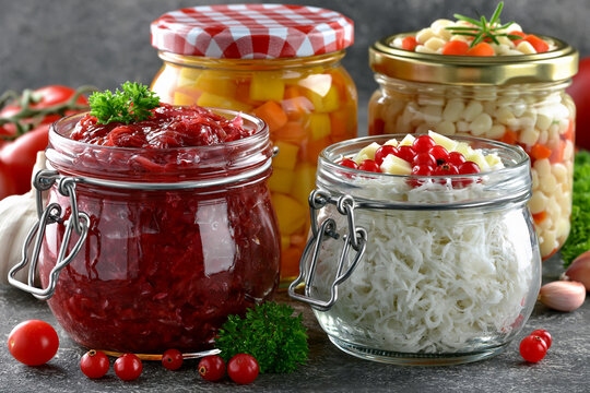 Table of jars with preserved foods
