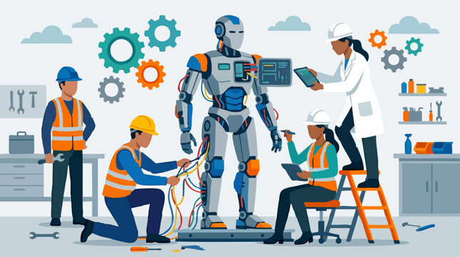 Engineers and technicians assembling and programming a humanoid robot
