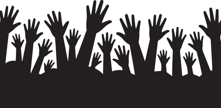 Many raised hands in a crowd isolated on white background for cheering or voting concept