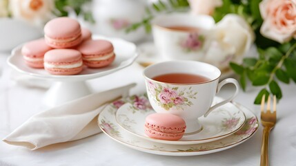 Fototapeta premium Table set with a floral tea cup, macarons, and flowers for a baby shower