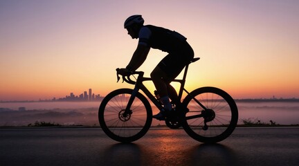 Obraz premium Cyclist rides road bike at sunrise over misty cityscape. Athlete trains hard, focused on fitness goals. Early morning ride builds endurance and speed.