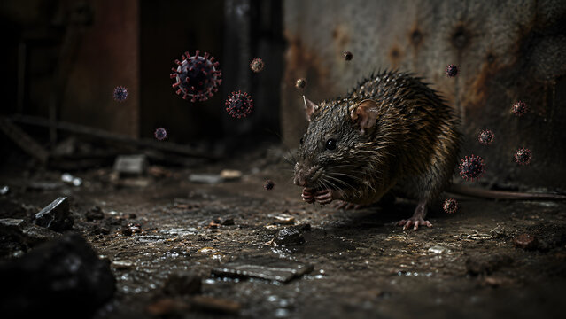 Wild mouse or rat in dirty environment with floating hantavirus particles. Rodent carrier pest transmission, infectious disease outbreak, public health risk and sanitary danger illustration.