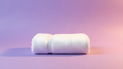 Obraz premium A fluffy white towel neatly folded and resting on a soft purple and pink gradient background, suggesting relaxation and comfort