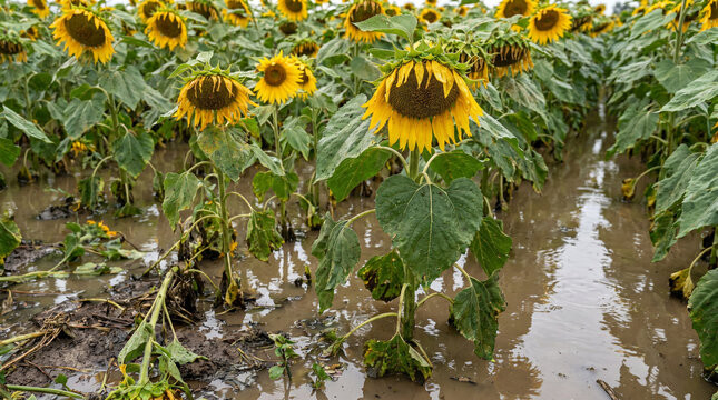 Champ de tournesols inond&eacute; avec des plantes endommag&eacute;es apr&egrave;s de fortes pluies. D&eacute;g&acirc;ts agricoles et perte de r&eacute;colte due aux intemp&eacute;ries.