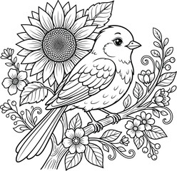 Fototapeta premium Cute songbird perched on blooming cherry blossom branch, black and white line sparrow sakura